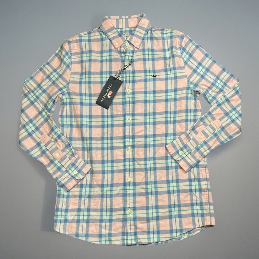 New! VINEYARD VINES BOYS ISLAND TWILL Pink Blue Plaid Button Shirt Sz M 12/14